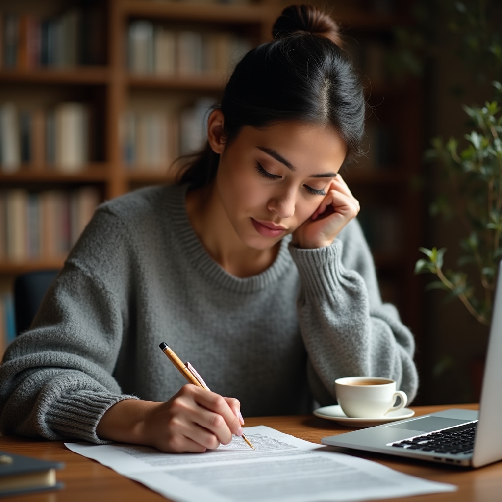 Editor che prende appunti a mano su un quaderno durante la revisione di un articolo