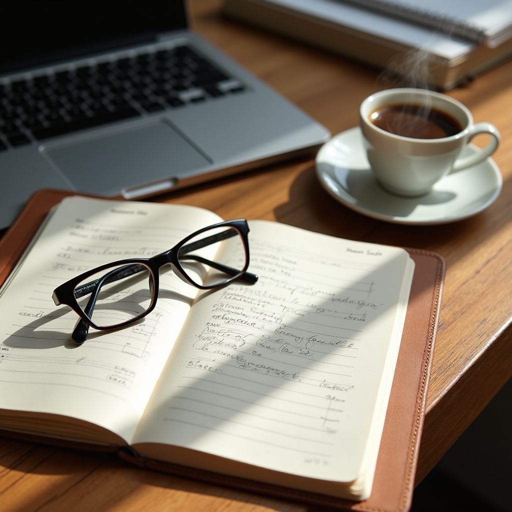 Vista dall'alto di una scrivania con agenda cartacea aperta, laptop e tazza di caffè, luce naturale morbida