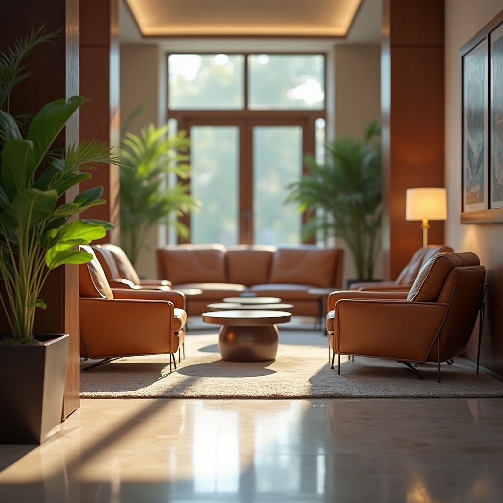 Area reception di un business center con divani eleganti e luce naturale morbida